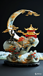 9x16_漂浮卷轴上的山水建筑_弯曲的卷轴_红黑_金箔质感_金色建筑_玉石 (1)