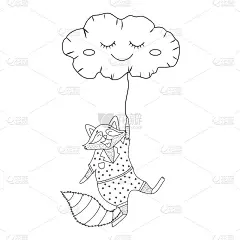 可爱的浣熊在气球里飞成云状涂鸦。快乐的宠物角色飞。穿着睡衣的笑浣熊。孩子们的第一个宠物。可爱的矢量手