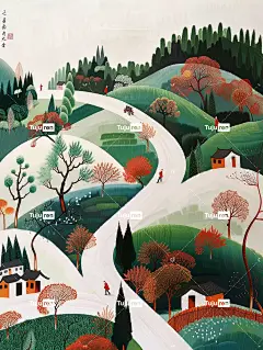 中国夏季风景，曲线线条流畅，色彩极其鲜艳，对比度高，白色背景