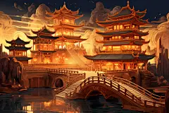 宫殿古风古韵金线城市建筑插画