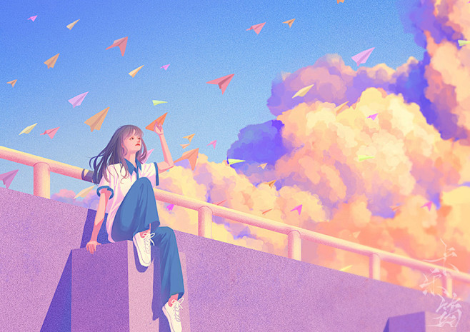 校服少女天台扔纸飞机场景插画