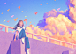 校服少女天台扔纸飞机场景插画
