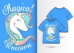 矢量手绘T恤插画卡通可爱时尚女孩独角兽服装印花人物AI设计素材