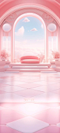 3d backdrop for your anime girl scene pink aw, in the style of architectural compositions, rich tonal palette, daz3d, light orange and white, coastal scenes, rococo interiors, asymmetric compositions