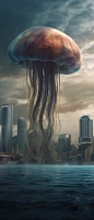 A surreal image of a giant jellyfish floating in the sky with its tentacles trailing down to the ground and wrapping around a city skyline.