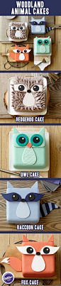 Use a square pan to make four different fondant Woodland Animal Cakes