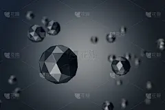 低多边形球体的3D插图抽象背景与散焦效果。多边形球体在黑色的背景空间。未来的背景为您的设计。