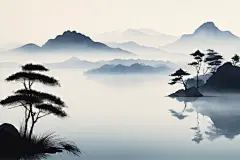 古韵设计中国风水墨山水画装饰插画