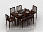 中式复古红色实木长方形六位式餐桌圆柱形靠垫镂空条纹靠背椅桌椅组合