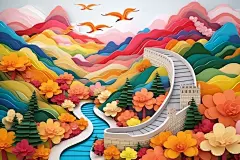 设计国潮长城地标剪纸风插画