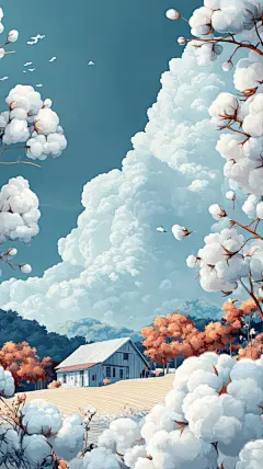手绘棉花云朵风景插画