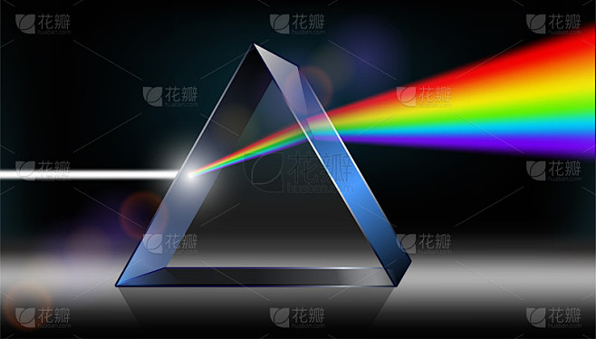 光学物理。白光透过三棱镜照射出来。在插画中产生彩虹的颜色。