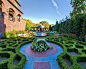 English Tudor Residence & Garden : English Tudor Estate Garden - Architecture by Dobbins+Crow Architects. Project features glass tile pool, antique brick, outdoor cabana, dining area, boxwood parterre and privacy screen planting.