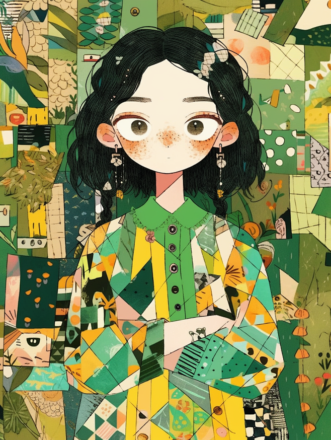 这幅画是一张别致的卡通插画，主角是一位穿着绿色衬衫的女士。艺术家运用了Mrs. Becca Doodlefly的风格，结合了沙哑美 ...