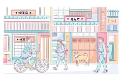日本日式风格街道店铺街景插画矢量图设计素材
