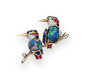 A MULTI-GEM 'LOVEBIRD' BROOCH, BY CARTIER   Designed as two lovebirds each with a cabochon opal body, an old European diamond, calibré-cut sapphire and ruby head with a cabochon emerald eye, a polished gold beak, and calibré-cut ruby and sapphire feathers