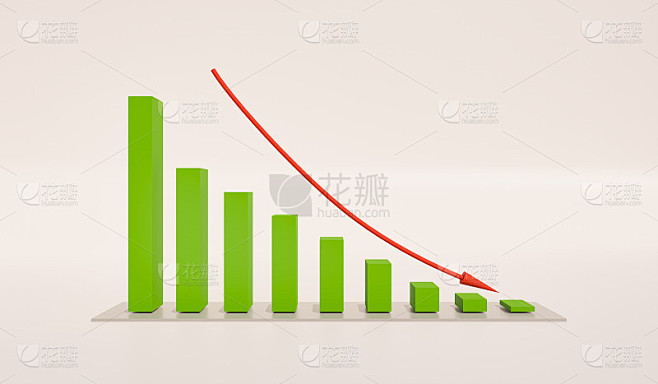 带箭头的下降柱状图。绿色的列，红色的箭头。上面和下面都有可以添加文本的地方，例如商业用途、统计或教育