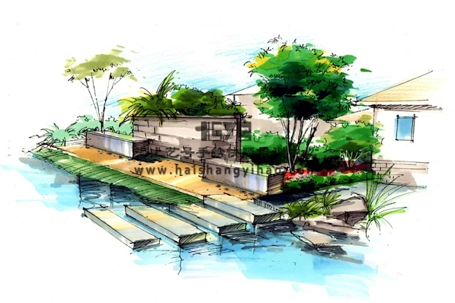 公园景观手绘效果图，细节铺装、水景、树刻画得非常细致。#园林景观手绘效果图#-花瓣网