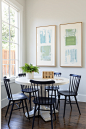 Large beach style dark wood floor and brown floor dining room photo in Dallas with white walls