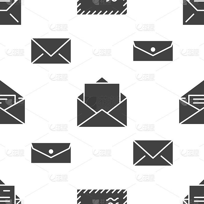 无缝图案与信封平面字形图标。邮件背景，信息，开信封用信，电子邮件矢量插图。邮局邮寄名单的黑白标志