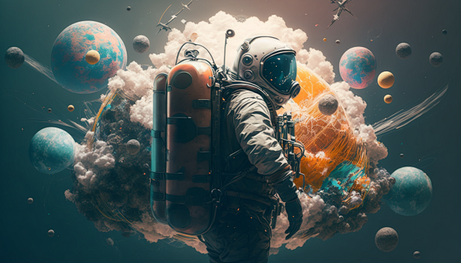 太空人与基本粒子的对撞科幻图片，太空漫游