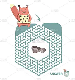 松鼠和坚果的儿童迷宫。儿童益智游戏，矢量迷宫插图。