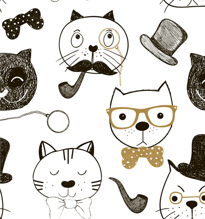 卡通活泼可爱个性可爱北欧动物集黑白小猫咪...