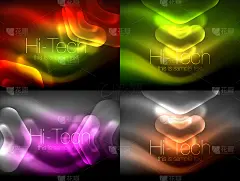 一组抽象背景。模糊的箭头在黑暗的空间。霓虹指针，玻璃光泽设计，抽象技术背景，网页横幅