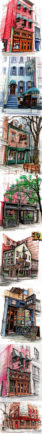 【我心中的coffee show】艺术家 Stephen Gardner用他的彩笔记录下来一座又一座他光顾过的酒吧和咖啡馆，画面非常纪实并具有场景感，仿佛诉说着每个酒吧或咖啡馆曾经发生的故事……