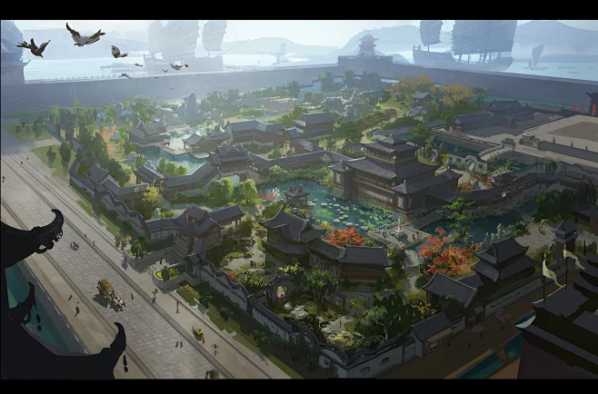 中国风场景气氛图古风山水建筑武侠仙侠CG原画游戏美术素材-花瓣网