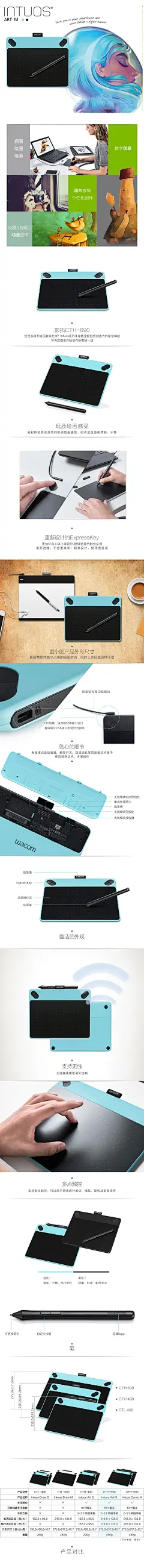 Wacom 影拓 Art M 数位板 CTH-690/B0 绘画板 绘图板 手绘板 蓝色-淘宝网