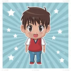 条纹色背景与明星和可爱的动漫少年表情惊喜