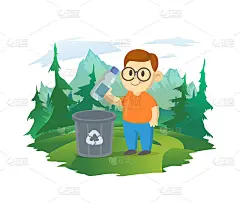 友好的大眼镜男孩扔塑料瓶回收站在城市和蓝天背景。彩色卡通矢量插图。