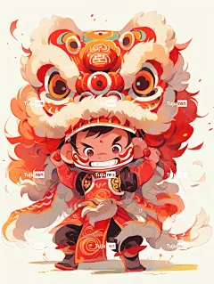 舞狮少年水彩插画喜庆海报