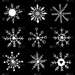 可爱的手绘雪花。涂鸦矢量插图。冬季元素的贺卡，海报，贴纸和季节性设计。孤立在黑色背景上