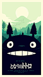 龙猫 My Neighbor Totoro (1988)：这两款艺术海报分别主打梅红色和草绿色，甜美温馨。可爱的卡通形象龙猫化身“地球母亲”的形象，两只耳朵被设计师巧妙衍化为松树造型。充分传达了《龙猫》人与大自然相依相生的电影主题。海报上方的太阳、富士山和远飞的大雁等造型元素则充满大和民族的特色。