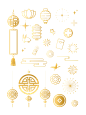 金色新年货烟花祥云灯笼中国结图标签元素