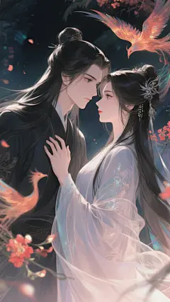 古风情侣，深情对视，暧昧，互动，精致五官，柔和光线，浪漫氛围，朦胧美，唯美，梦幻背景3d艺术，光影对比强烈，微风，光影斑斓，迷离的滤镜，边缘动态模糊，生物发光，浅色纱织汉服，及腰长发，淡淡唇彩，眼睛明亮清澈，强烈的明暗对比，斑驳的光影，3d动漫厚涂插画，发丝细腻刻画富有光泽，oc渲染，超高清画质，动态捕捉，朦胧滤镜，二次元氛围感，眼睛狭长眼尾上挑，动漫，新三维精美cg，凤凰花主题，油画，水彩，插画，暗黑系，暗黑童话