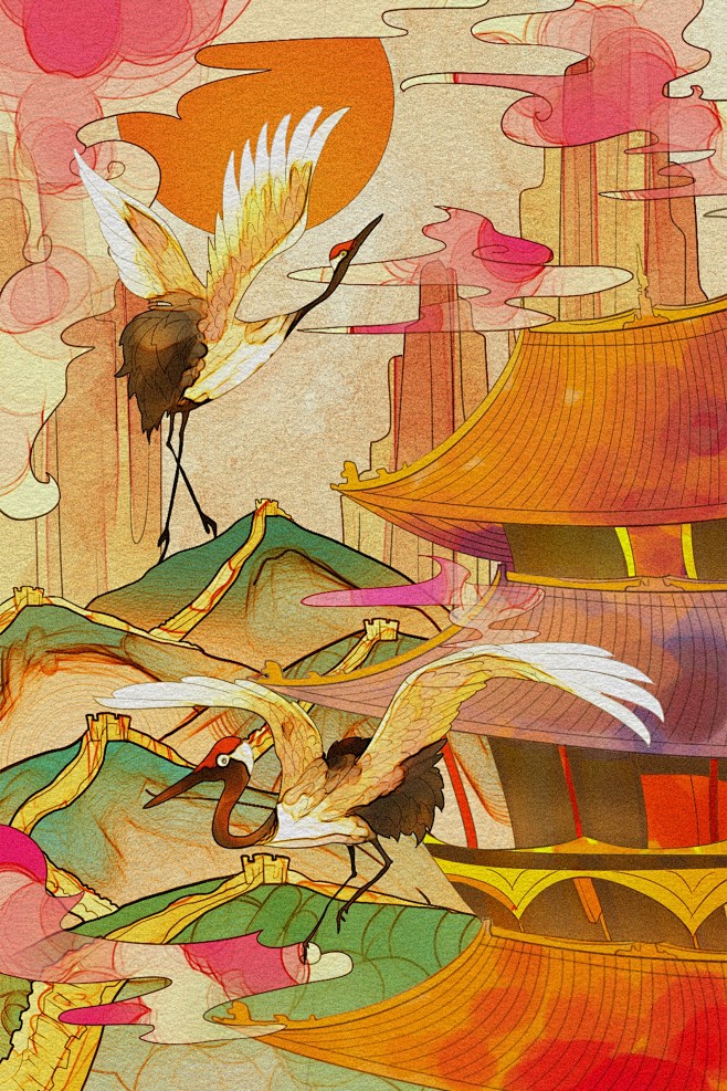 中国风手绘插画唯美新主流国潮风促销宣传海...