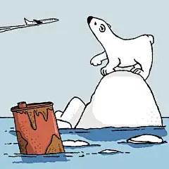 冰山上的北极熊抬头看天空，看到一架飞机从头顶飞过，而生锈的油桶在水中漂浮。
