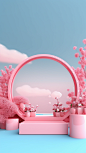 Product Box Geometric Circular Booth Scene C4D Shape Pink Plants Decorated with Light Blue Sky Background HD 8k
