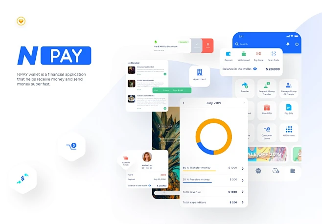 UI Kits : NPAY wallet is a Financial application that helps to receive super fast money via mobile phone number, and also supports payment of monthly bills such as electricity, water, internet, cable TV, consumer loans, ... with just a tap. Feature (300