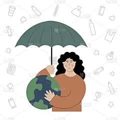 保护地球的概念。矢量插图的女孩拥抱的星球和采取伞上面。