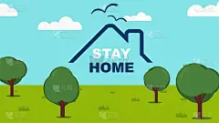 待在家横幅模板。屋顶呆在家短信。自然生活主题草、树、天、鸟。全球病毒大流行与隔离，自我隔离平面设计向