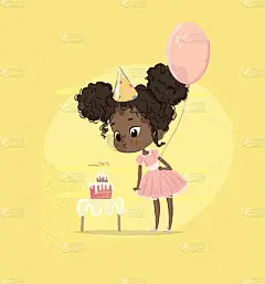非裔美国小女孩吹生日蛋糕蜡烛拿气球。可爱的宝贝女孩吹出生日派对纸杯蛋糕。儿童学前人物在粉红色衣服海报