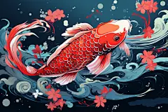 手绘锦鲤中国风国潮红色锦鲤插画