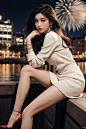  1girl,fashion model,female focus,(masterpiece, realistic, best quality, highly detailed, profession),asian,pretty,Charming eyes,exquisite facial features,bangle,sweater,dress_shirt,skirt,white pantyhose,high heels,sitting,night,neon,beach of city,new yea