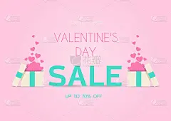 情人节贺卡与爱心的祝福。平面矢量插图销售，网上商店，节日送货。粉红色、红色和蓝色的邀请传单。图片与一