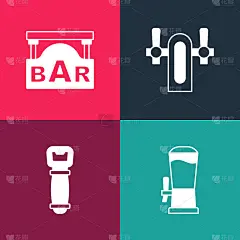 设置流行艺术啤酒龙头，开瓶器，街道招牌与酒吧图标。向量