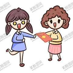  女孩收妈妈给的红包  【酷图网】卡通人物,手绘,女孩,妈妈,红包,表情包,元素,
